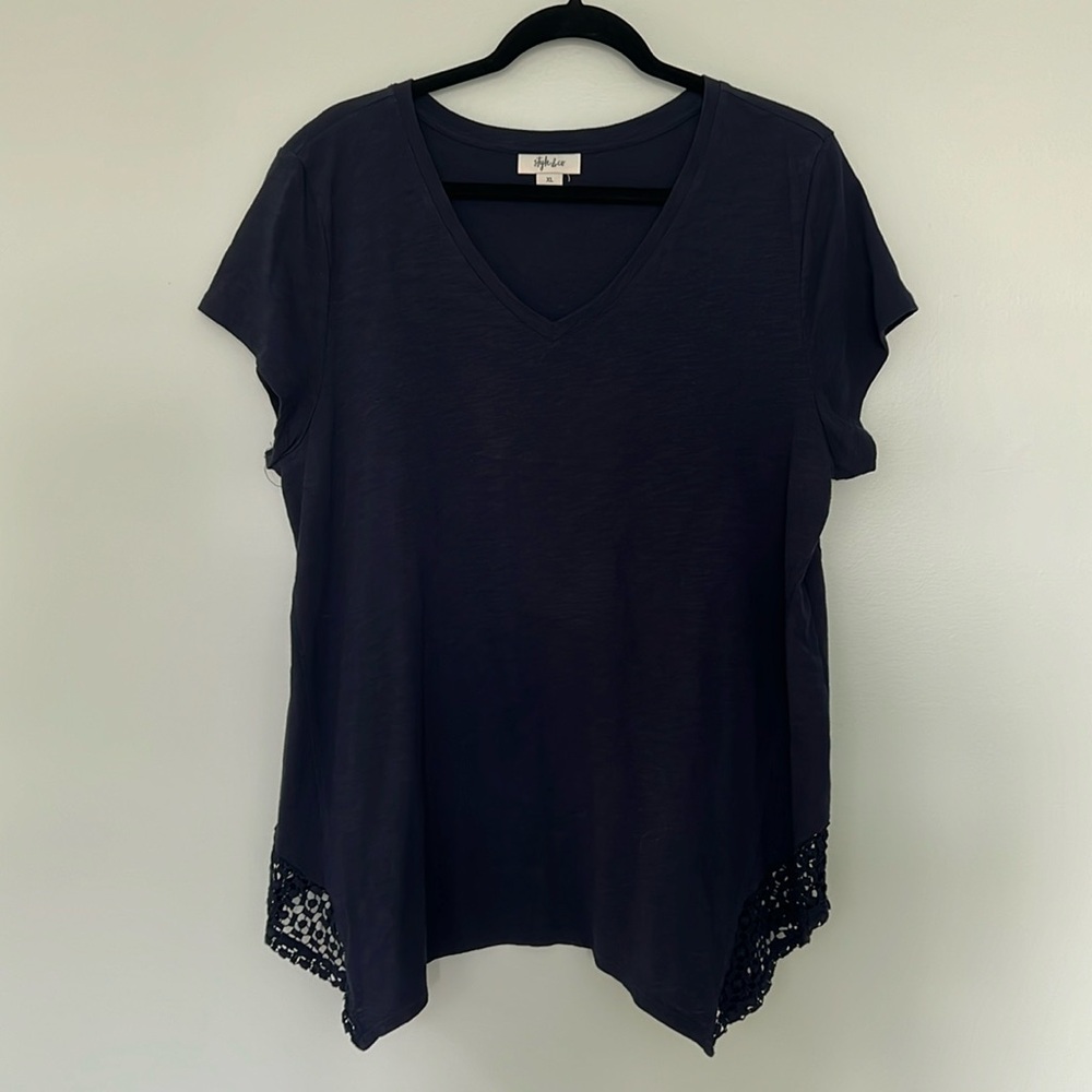 Style & Co - Navy V-neck top with crocheted trim on sides at hem.  Size XL.